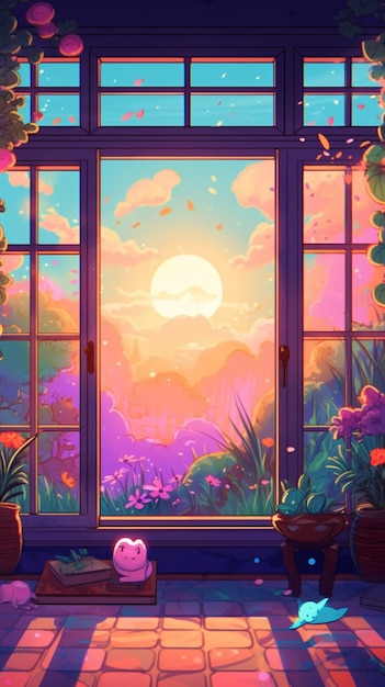 夕日と太陽の景色を望む窓