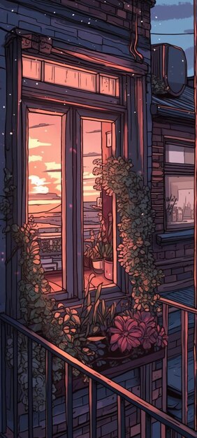 A window with a view of the sunset