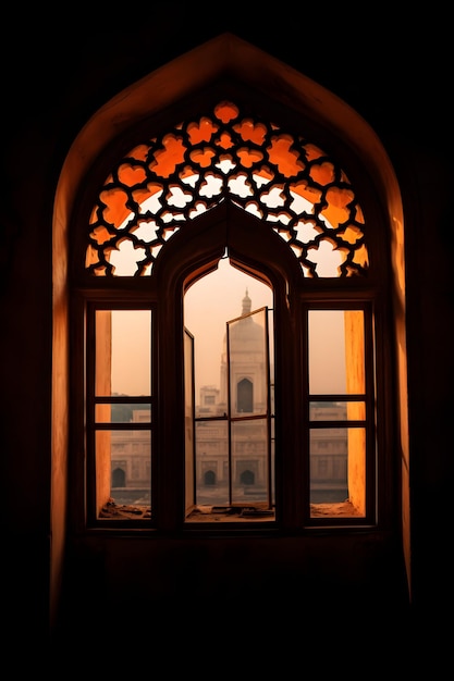 A window with a view of the taj mahal in the background