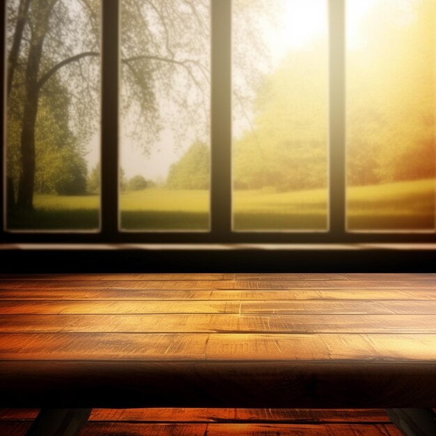 a window with a view of a tree and a bench