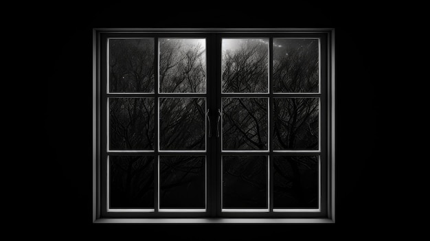 Photo a window with a view of trees and a tree in the background.