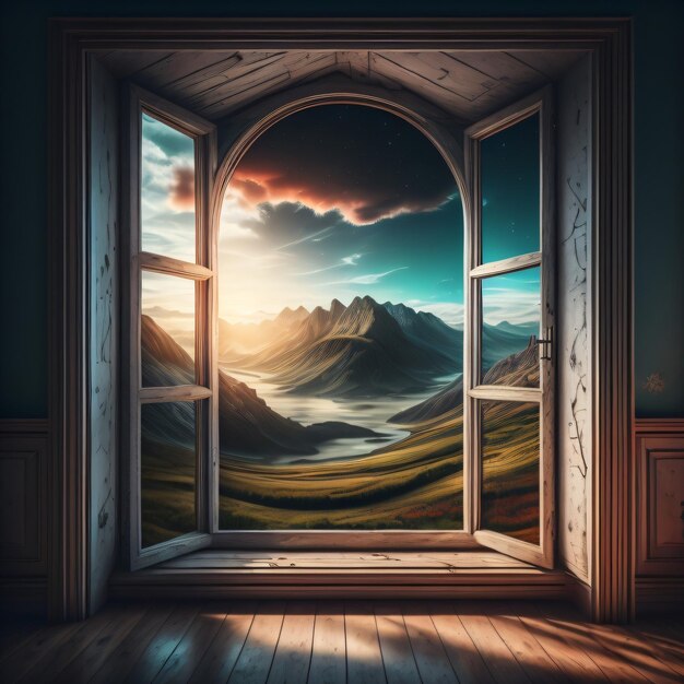 A window with a view of a valley and mountains.