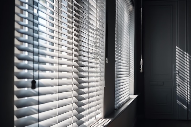 A window with white blinds that say's on the top right.