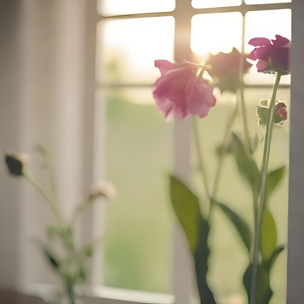 Photo a window with a window and a flower vase with purple flowers in it