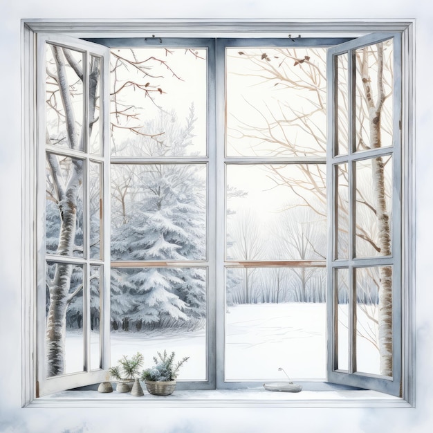 Фото Окно с зимним пейзажем на белом фоне