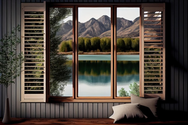 Window with wooden louvers and view of tranquil lake