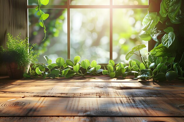 A window with a wooden table and a bunch of plants outside of it on a sunny day with sunlight coming