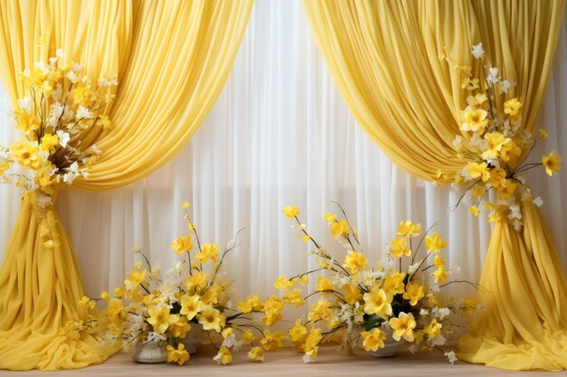 a window with yellow curtains and flowers on it