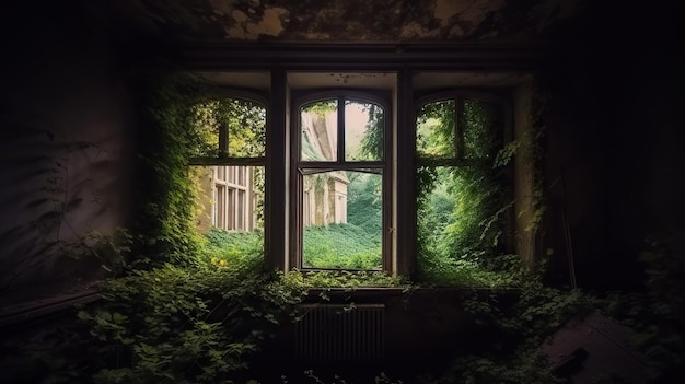 Windows of house overgrown with ivy in old abandoned building grass