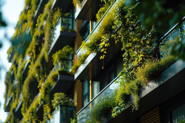 Foto le finestre dell'edificio di appartamenti a più piani sono piantate con piante verdi concetto di verde