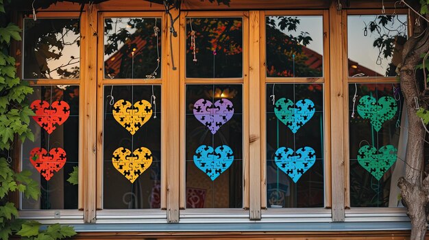 Photo windows of specialized kindergarten for children with autism are decorated with hearts from puzzles