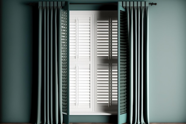 Windows with fabric and wood shutters blinds or curtains an interior design element Cotton textile shade and home dcor Glass plastic curtains and light blocking or casting