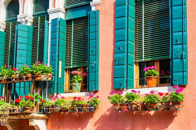 Windows with green shutters and flowers in Venice, Italy.