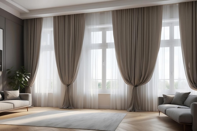 Windows with stylish curtains in living room interior