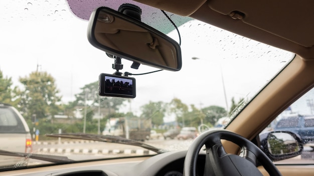 Windshield has installed a car camera on a rainy day.