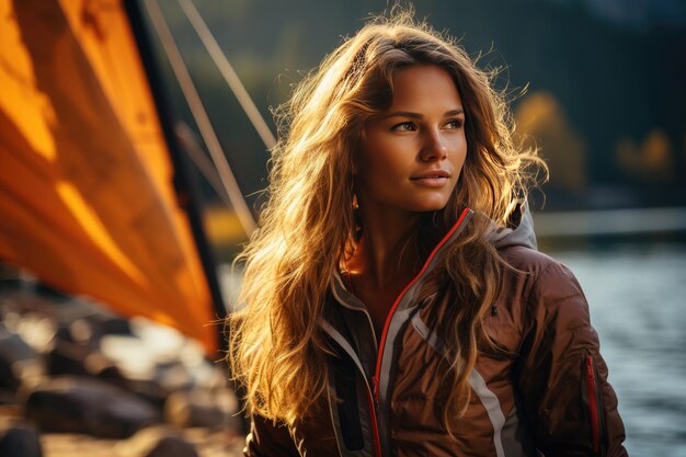 Windsurfer girl is getting ready for an exciting windsurfing session