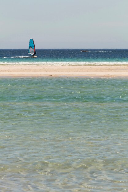 ターコイズブルーの海の海のビーチの近くでセーリングウィンドサーファー