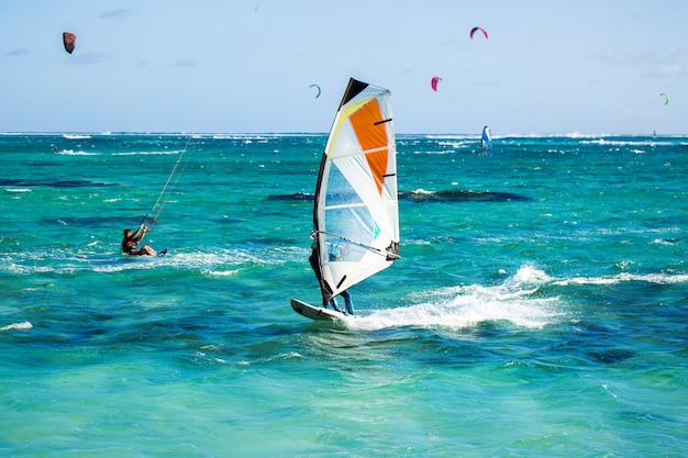 Windsurfers on the Le Morne beach in Mauritius