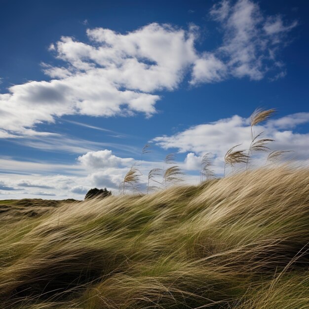 Photo windswept grassy hillside under a blue sky with white clouds