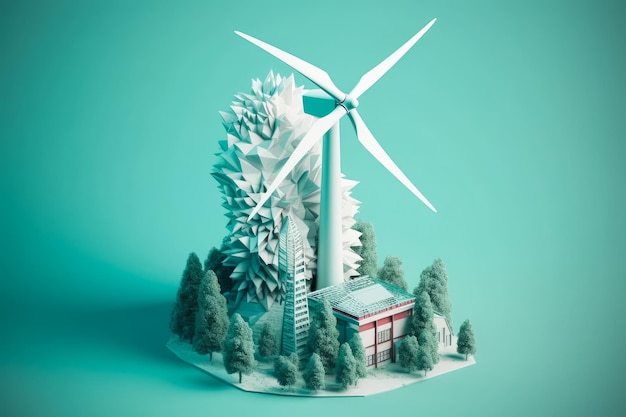 Windturbine en alternatieve hernieuwbare energie papier kunst van ecologie en milieu concept eco vriend