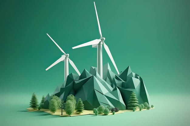 Windturbine en alternatieve hernieuwbare energie Papierkunst van ecologie en milieu concept Eco-vriendelijke natuur landschap achtergrond