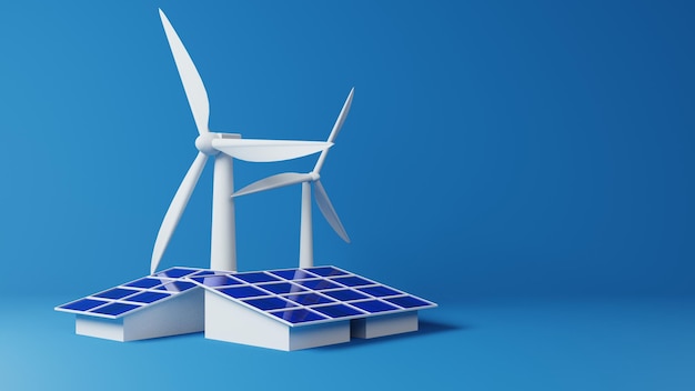 windturbine en zonnepanelen Station voor hernieuwbare energie op blauwe achtergrond 3D-rendering