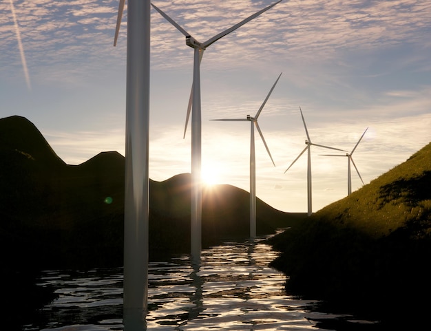Windturbine energie groene zonsondergang scène op rivier heuvel achtergrond