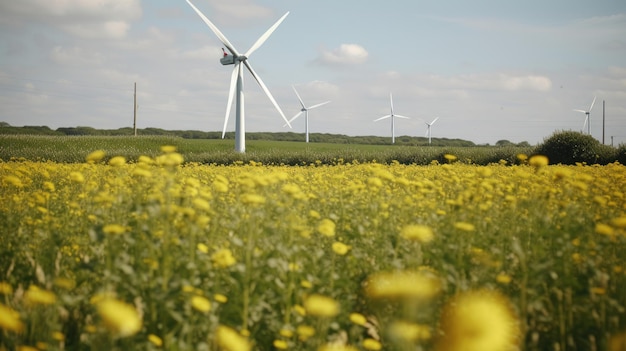 Windturbine in een geel bloemenveld Alternatieve energie Generatieve AI