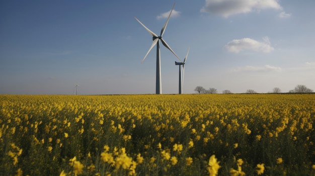 Windturbine in een geel bloemenveld Alternatieve energie Generatieve AI