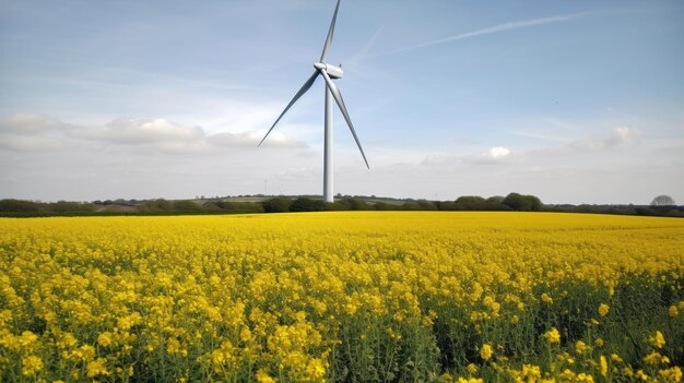 Windturbine in een geel bloemenveld Alternatieve energie Generatieve AI