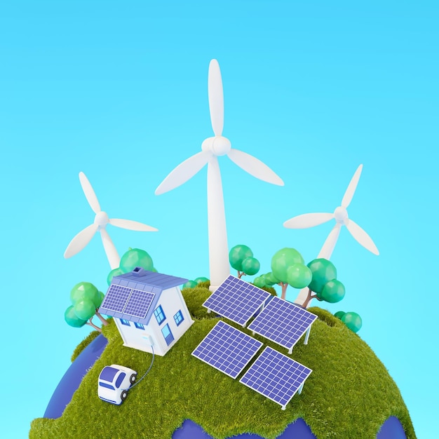 Windturbine op groene aarde Ecologische omgeving concept 3D-rendering