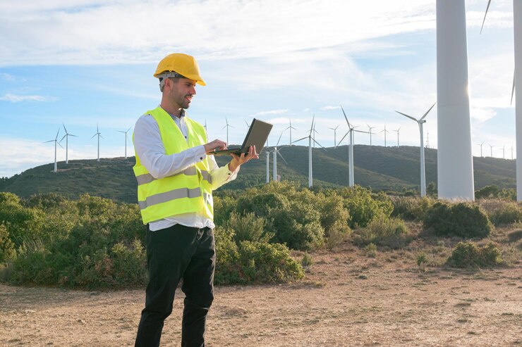 Windturbine werknemer aan het werk en controleren met een laptop