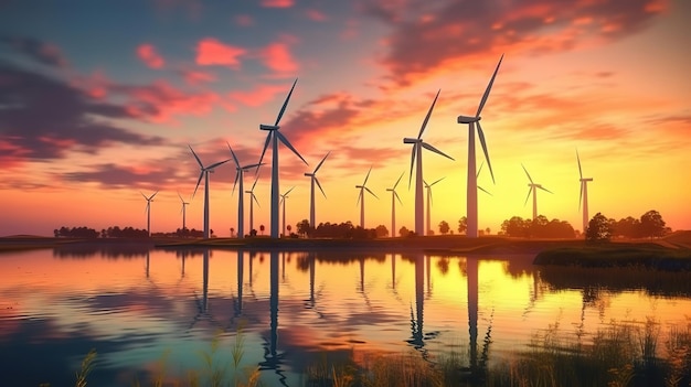 Windturbinepark bij zonsondergang die hernieuwbare energie produceert Generatieve ai