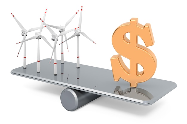 Windturbines en dollarteken Balance concept 3D-rendering