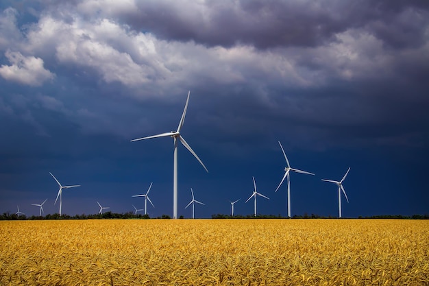 Windturbines en landbouwgebied op een bewolkte zomerdag Energieproductie schone en hernieuwbare energie