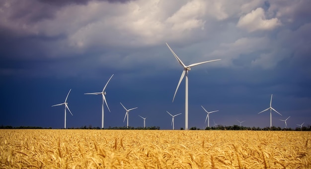 Windturbines en landbouwgebied op een bewolkte zomerdag Energieproductie schone en hernieuwbare energie