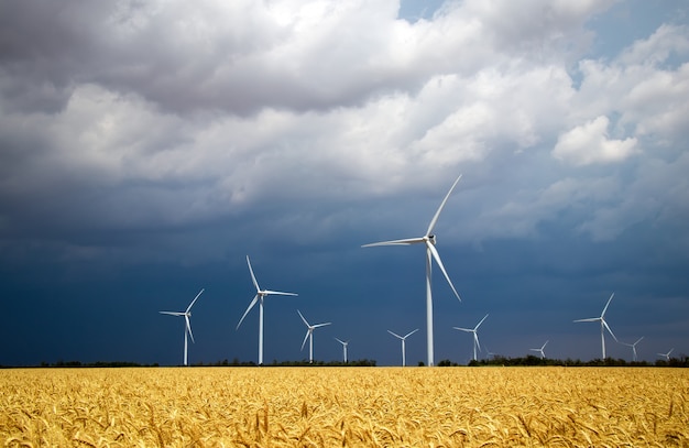 Windturbines en landbouwgebied op een de zomer bewolkte dag. Energieproductie, schone en hernieuwbare energie.