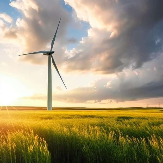 Windturbines generator staan in groene weiden tegen de hemel