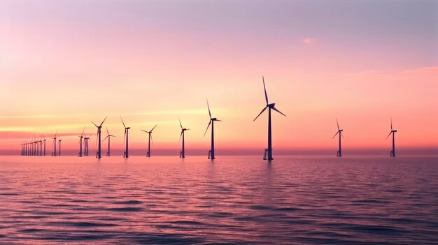 Windturbines in de oceaan bij zonsondergang