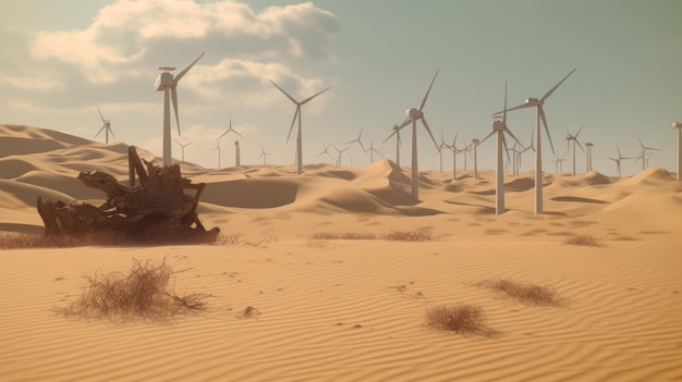 Windturbines in de woestijn hernieuwbare energieconcept Generatieve AI