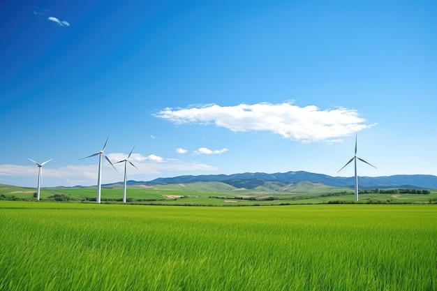 Windturbines in een groen grasveld tegen een heldere hemel