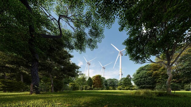 Windturbines in een groen veld met bomen op de achtergrond