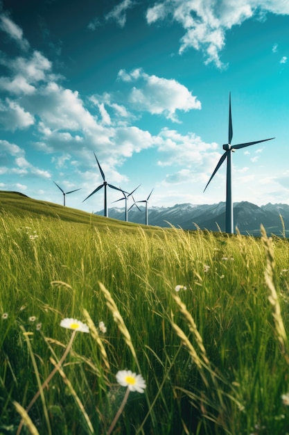 Windturbines in een groen veld op een zonnige dag gemaakt met generatieve AI