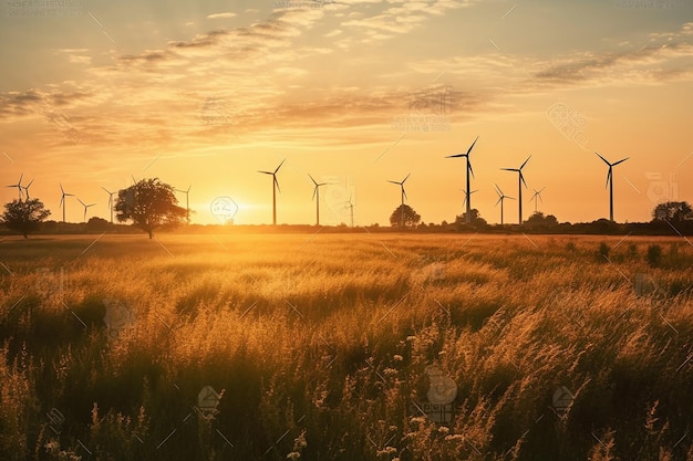 Windturbines in een veld bij zonsondergang