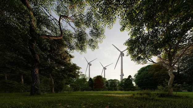 Windturbines in een veld met bomen en de lucht op de achtergrond