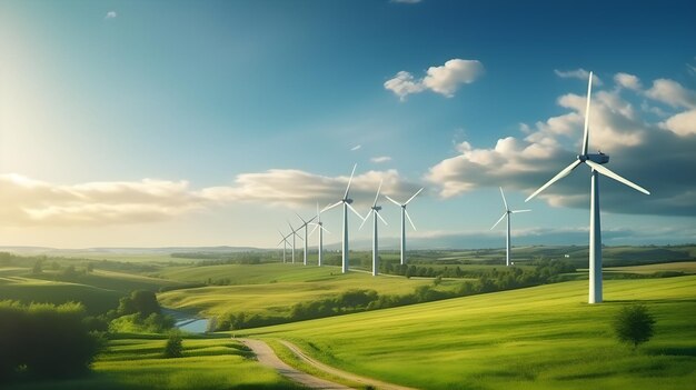 Windturbines in een veld met een blauwe lucht en wolken