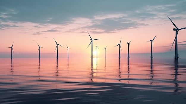 Windturbines in het water bij zonsondergang met daarachter de ondergaande zon.