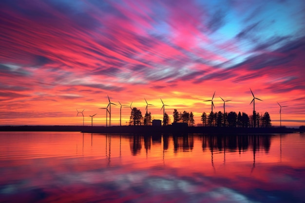 Windturbines in silhouet tegen een kleurrijke lucht gecreëerd met generatieve AI