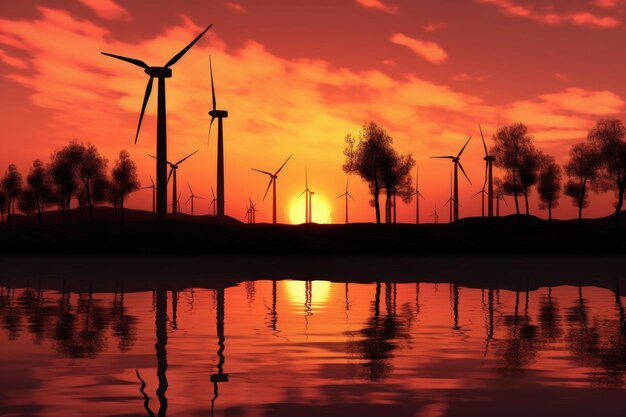 Windturbines in silhouet tegen een zonsondergang gecreëerd met generatieve ai