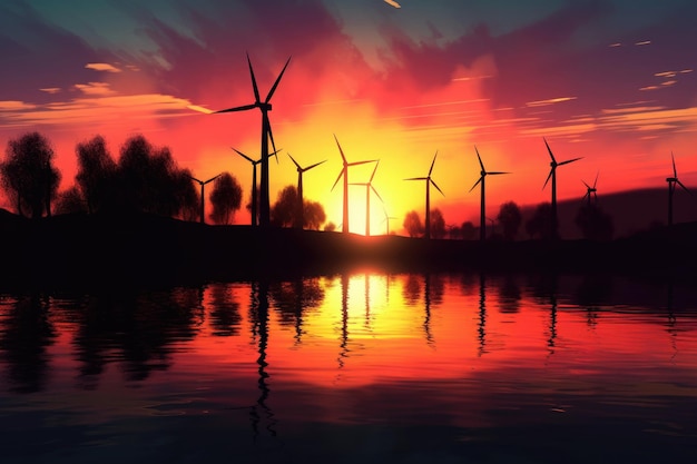 Windturbines in silhouet tegen een zonsondergang gecreëerd met generatieve ai